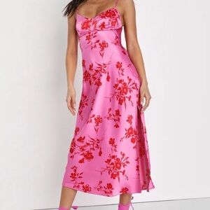 Lulus Pink and Red Floral Midi Dress